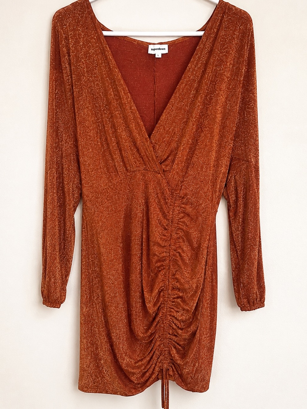 Superdown Metallic Shimmer Ruched Mini Dress Long Sleeve Size L
